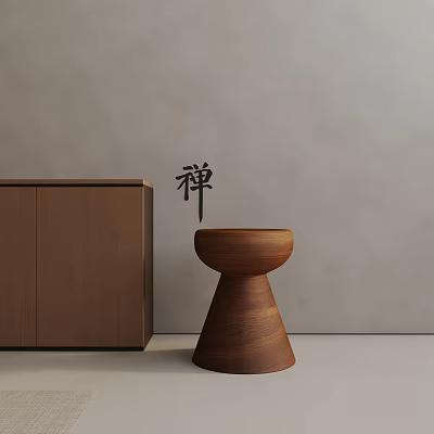 Zen Inspired Minimalist Wooden Side Table With Matching Cabinet And Neutral Wall Backdrop 3d model