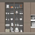 Modern Wooden Sideboard With Glass Door Storage Displaying Tableware And Decorations In Kitchen