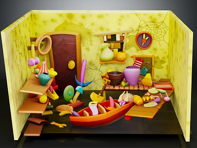 Colorful Indoor Playroom Scene With Yellow Walls Shelves Toys And Small Boat 3d model