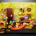 Colorful Indoor Playroom Scene With Yellow Walls Shelves Toys And Small Boat