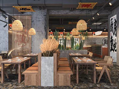 Modern Industrial Hotpot Restaurant Interior With Wooden Tables Bench Seats Hanging Lanterns And Decorative Plants 3d model