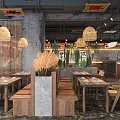 Modern Industrial Hotpot Restaurant Interior With Wooden Tables Bench Seats Hanging Lanterns And Decorative Plants