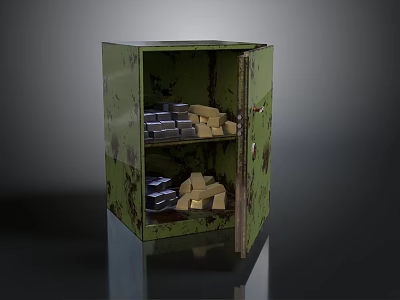 Rusty Green Safe With Open Door Interior Silver And Gold Bars On Shelves 3d model