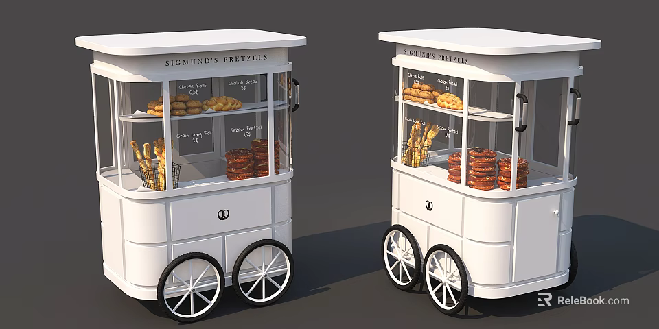 White Mobile Food Carts With Display Windows Selling Pretzels And Snacks 3d model 