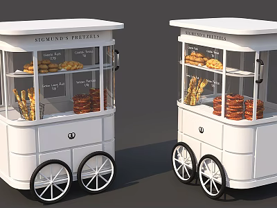 White Mobile Food Carts With Display Windows Selling Pretzels And Snacks 3d model