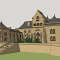 Traditional Ancient Architecture with Tower Arched Windows Courtyard and Garden Design