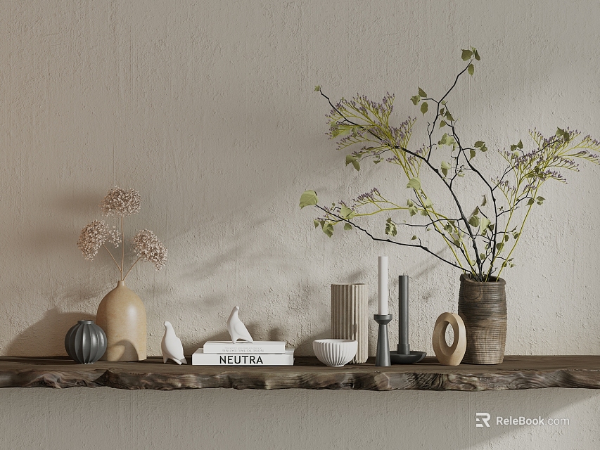 Minimalist Decorative Ornament Set with Vases Dried Flowers Small Sculptures and Candles on Wooden Shelf 3d model 