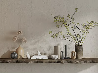 Minimalist Decorative Ornament Set with Vases Dried Flowers Small Sculptures and Candles on Wooden Shelf 3d model
