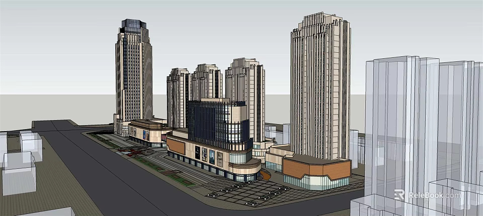 Modern Commercial Street With High Rise Buildings Retail Shops And Pedestrian Plaza 3d model 