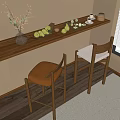 Two Stylish Bar Stools At Wooden Counter With Fruits Vase Coffee Cups In Cozy Interior