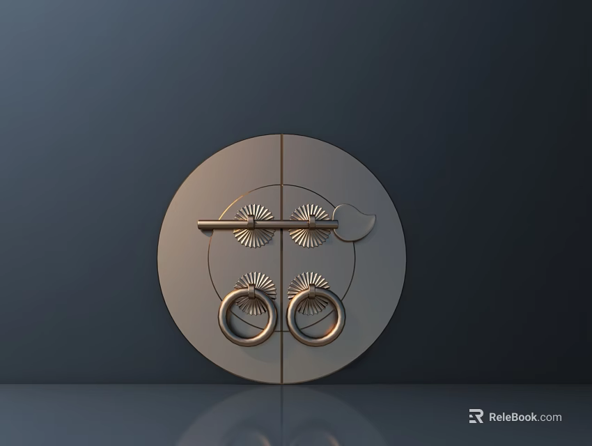 Brass Circular Door Handle With Two Ring Grips And Sunray Decorations On Dark Modern Background 3d model 