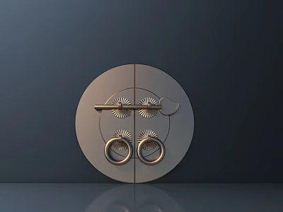 Brass Circular Door Handle With Two Ring Grips And Sunray Decorations On Dark Modern Background 3d model