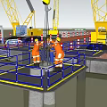 Construction Site Workers On Scaffolding Platform With Cranes And Railings 3d model