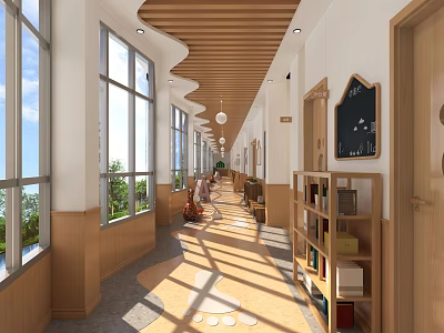 Warm Elevator Hallway with Wooden Ceiling Large Windows Sunlight Light Shadows Bookshelves and Blackboard 3d model