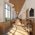 Warm Elevator Hallway with Wooden Ceiling Large Windows Sunlight Light Shadows Bookshelves and Blackboard