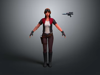 Game Movie Female Character With Pilot Cap Red Vest Tattoos And Gun 3d model