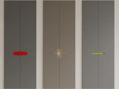 Three Gray Doors Featuring Red Gold Circular And Green Decorative Strips 3d model