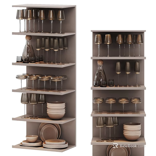 Dinnerware Set Displayed on Multi tiered Shelves with Wine Glasses Plates and Bottles 3d model 