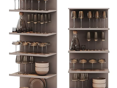 Dinnerware Set Displayed on Multi tiered Shelves with Wine Glasses Plates and Bottles 3d model