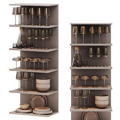 Dinnerware Set Displayed on Multi tiered Shelves with Wine Glasses Plates and Bottles 3d model