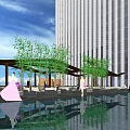 Luxury Resort Pool Area With Tall Buildings Palm Trees And Sun Loungers