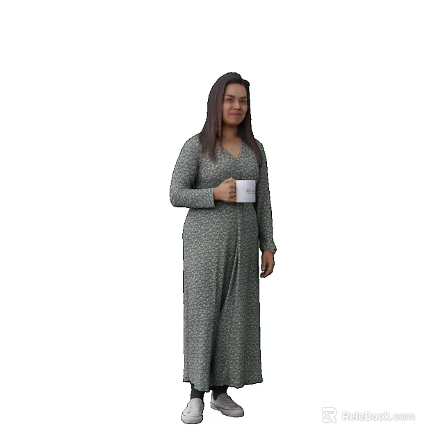 Woman Wearing Grey Patterned Long Dress Holding White Cup Standing Casually 3d model 
