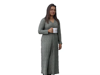 Woman Wearing Grey Patterned Long Dress Holding White Cup Standing Casually 3d model
