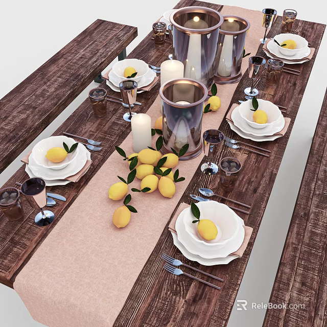 Elegant Tableware Set On Wooden Dining Table With Fresh Lemons Candles And Glassware 3d model 