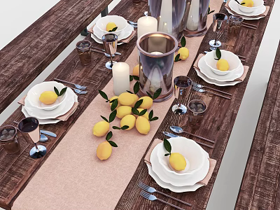 Elegant Tableware Set On Wooden Dining Table With Fresh Lemons Candles And Glassware 3d model