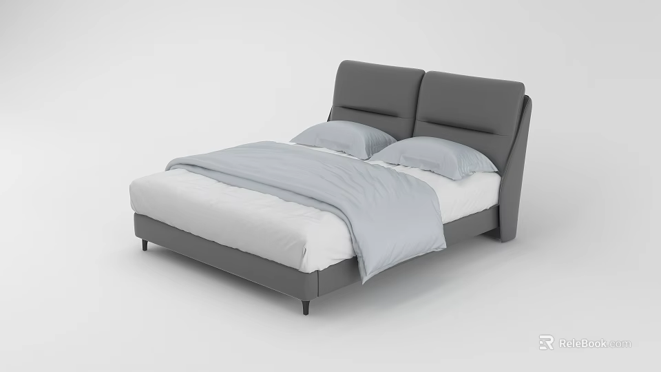 Modern Double Bed With Gray Upholstered Headboard White Sheets And Light Blue Comforter 3d model