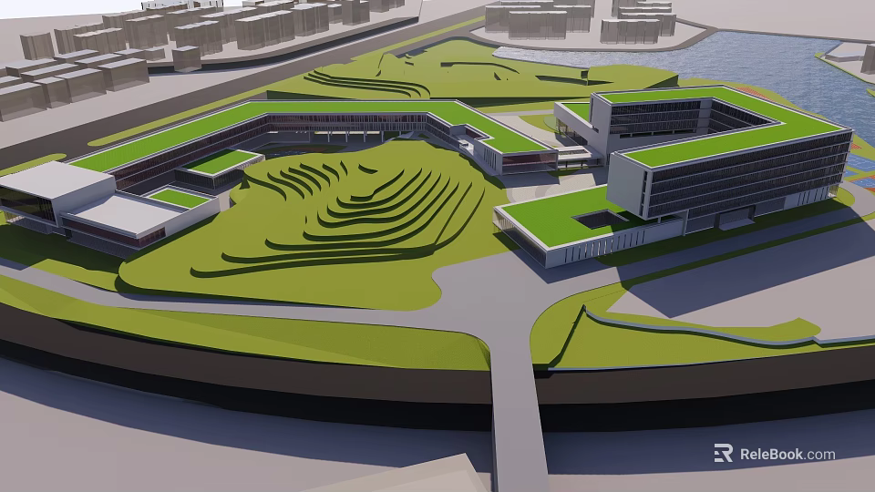 Modern Architectural Complex With Green Roofs And Open Green Spaces Layout 3d model