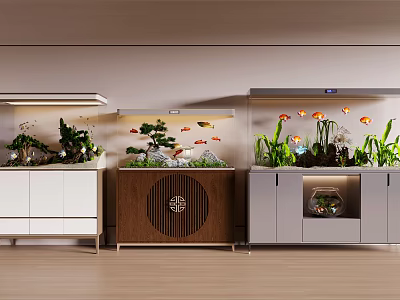 Stylish Aquariums With Fish Plants And Cabinets 3d model