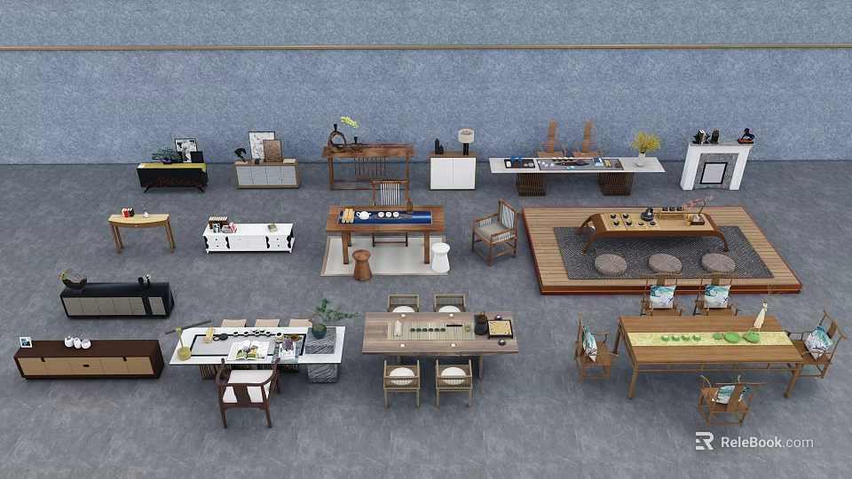 Various Modern Wooden Tea Table And Chairs Set For Home Living Space 3d model 