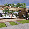 Serene Courtyard Garden With Wooden Pergola Purple Vines White Sofas And Lawn Pathways