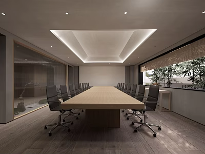Modern Conference Room Interior With Long Table Office Chairs Ceiling Lighting And Plants 3d model