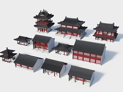 Traditional Chinese Ancient Architecture Models Featuring Classic Roofs and Wooden Structures 3d model