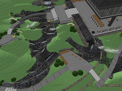 Garden Landscape Design Featuring Rolling Green Hills Winding Stone Paths And Lush Vegetation 3d model