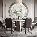 Elegant Dining Room Interior With Round Table Gray Chairs Pendant Light And Circular Decorative Wall 3d model
