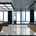 Modern Office Interior With Large Windows City View Desk Chair And Sofa