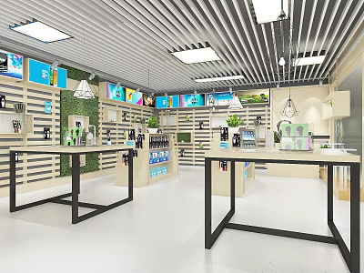 Modern Well Lit Retail Interior With Display Tables Green Plants And Wall Displays 3d model