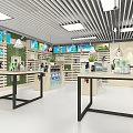Modern Well Lit Retail Interior With Display Tables Green Plants And Wall Displays
