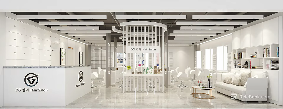UG STYLE Hair Salon Modern Interior With White Chairs Marble Floor And Product 3d model 