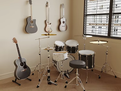 Acoustic Guitars On Wall And Floor With Drum Kit Cymbals And Stool In Music Room 3d model