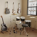 Acoustic Guitars On Wall And Floor With Drum Kit Cymbals And Stool In Music Room