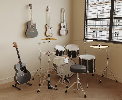 Acoustic Guitars On Wall And Floor With Drum Kit Cymbals And Stool In Music Room 3d model