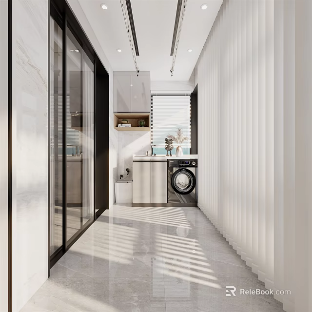 Modern Home Balcony Design With Washing Machine Sink Storage Cabinet And Bright Sunlight Through Blinds 3d model 