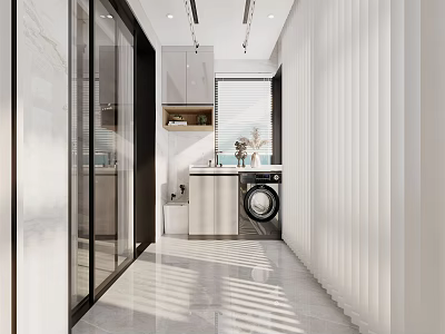 Modern Home Balcony Design With Washing Machine Sink Storage Cabinet And Bright Sunlight Through Blinds 3d model