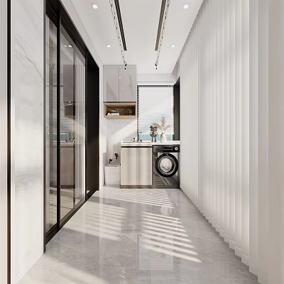 Modern Home Balcony Design With Washing Machine Sink Storage Cabinet And Bright Sunlight Through Blinds 3d model