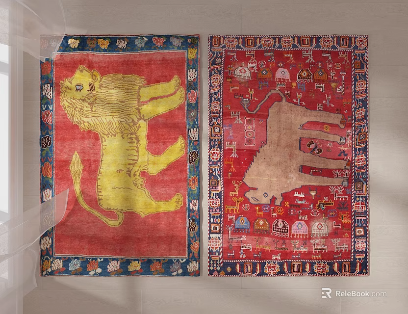 Traditional Square Rugs with Lion Patterns Red Yellow Backgrounds Decorative Borders 3d model