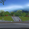 Scenic Park Landscape With Green Lawns Stone Steps Trees And Mountain View Under Blue Sky